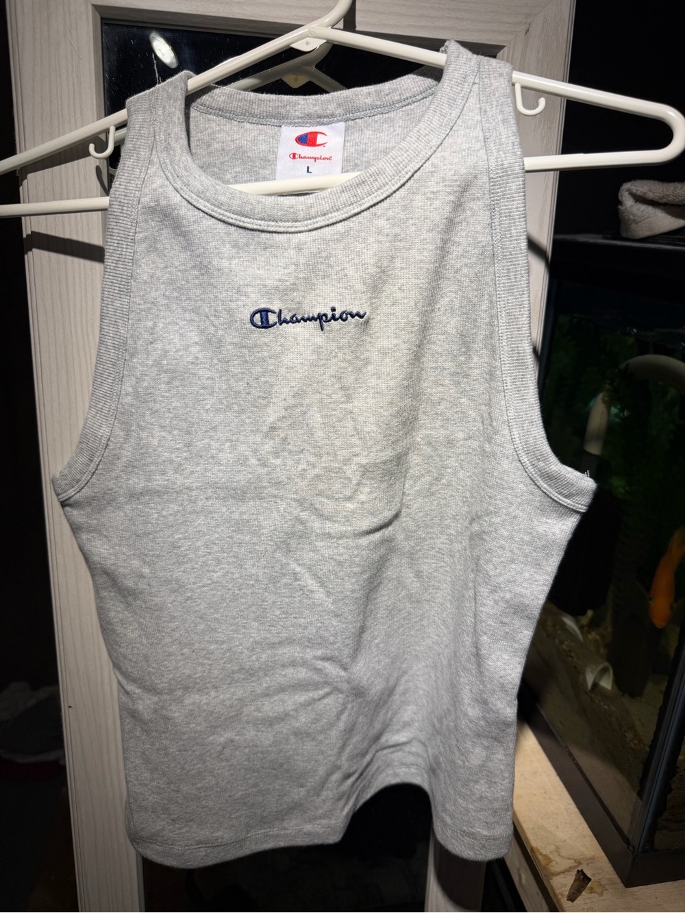 Champion Light Gray Tank with Navy Script Logo